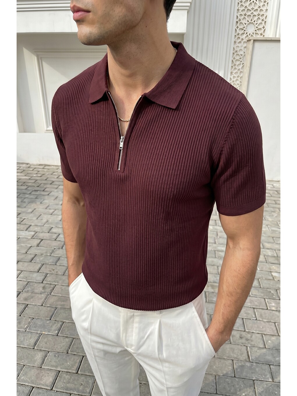 Bordo Orin Premium Fitilli Triko Polo Yaka Yarım Fermuarlı Erkek Tişört-3