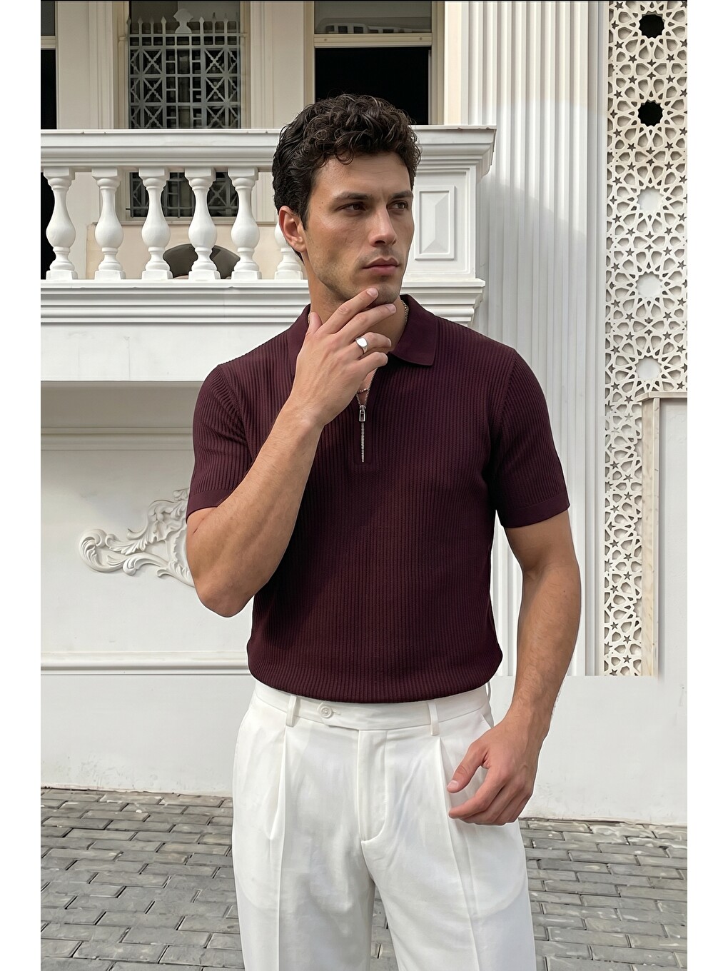 Bordo Orin Premium Fitilli Triko Polo Yaka Yarım Fermuarlı Erkek Tişört-4
