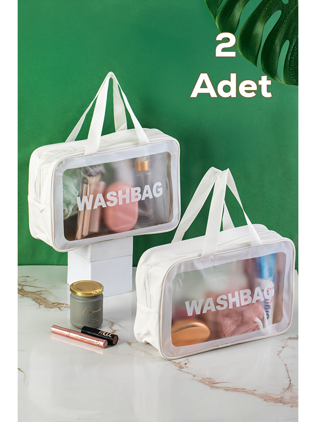 3142-1 2li Şeffaf - Beyaz Seyahat ve Makyaj Çantası Su Geçirmez Organizer Washbag 20x30cm