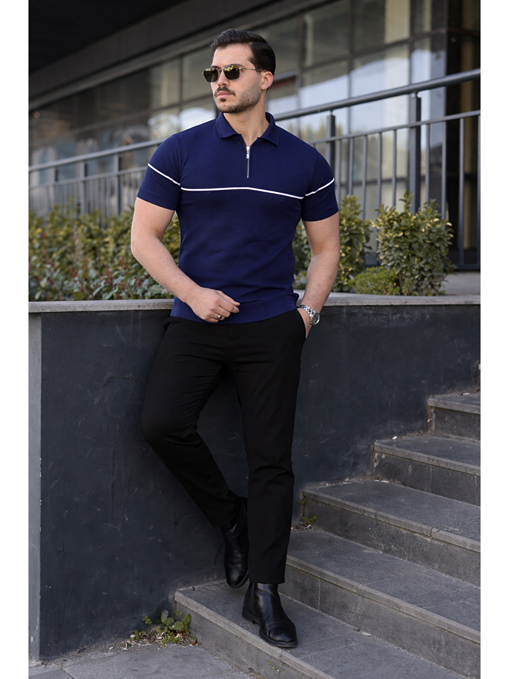 Erkek Günlük Çizgili Fermuarlı Triko Lacivert Polo Yaka Tişört-4