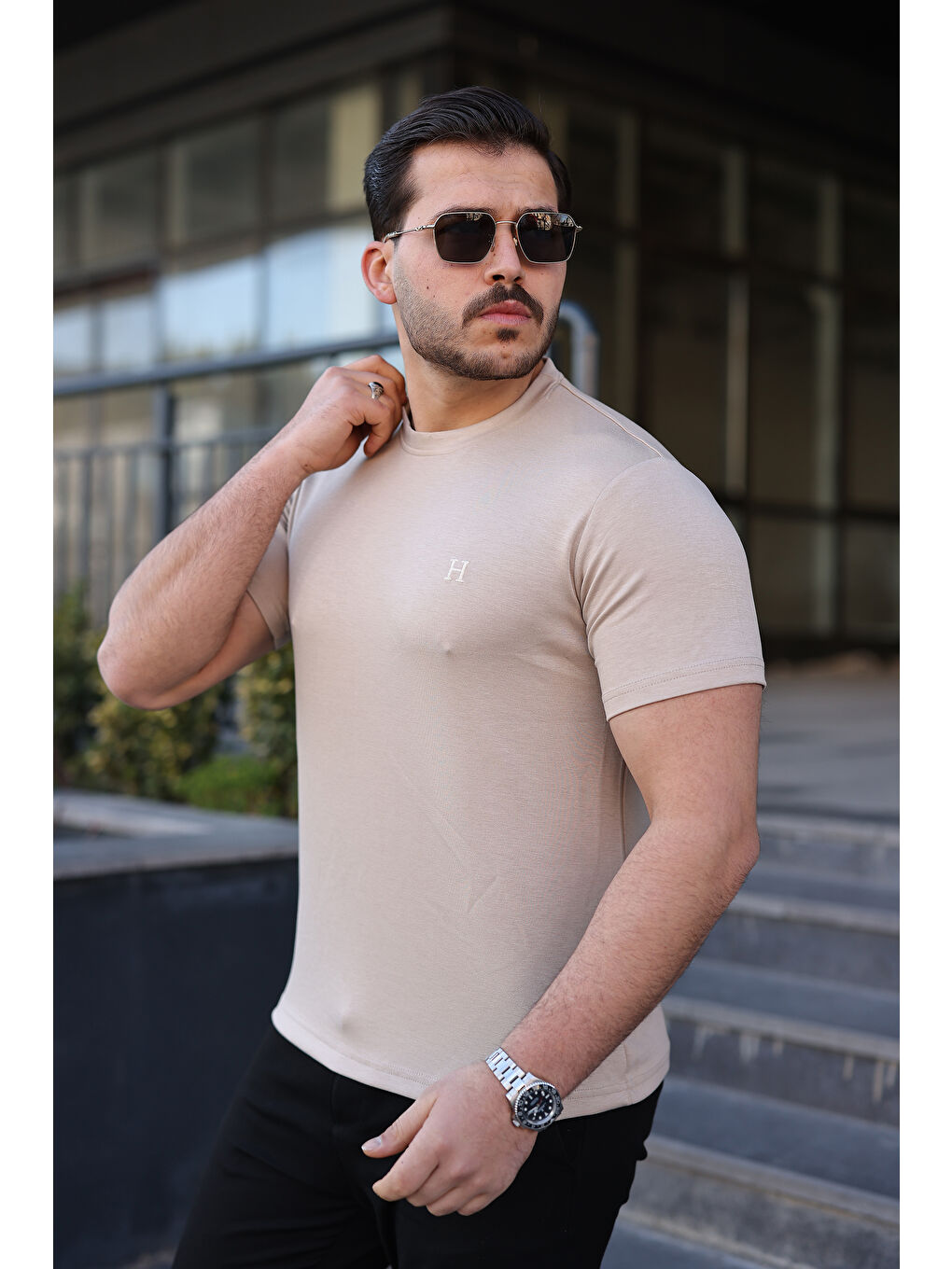 Ekru Erkek Kısa Kol Yazlık Baskılı Krem Dar Tişört-1