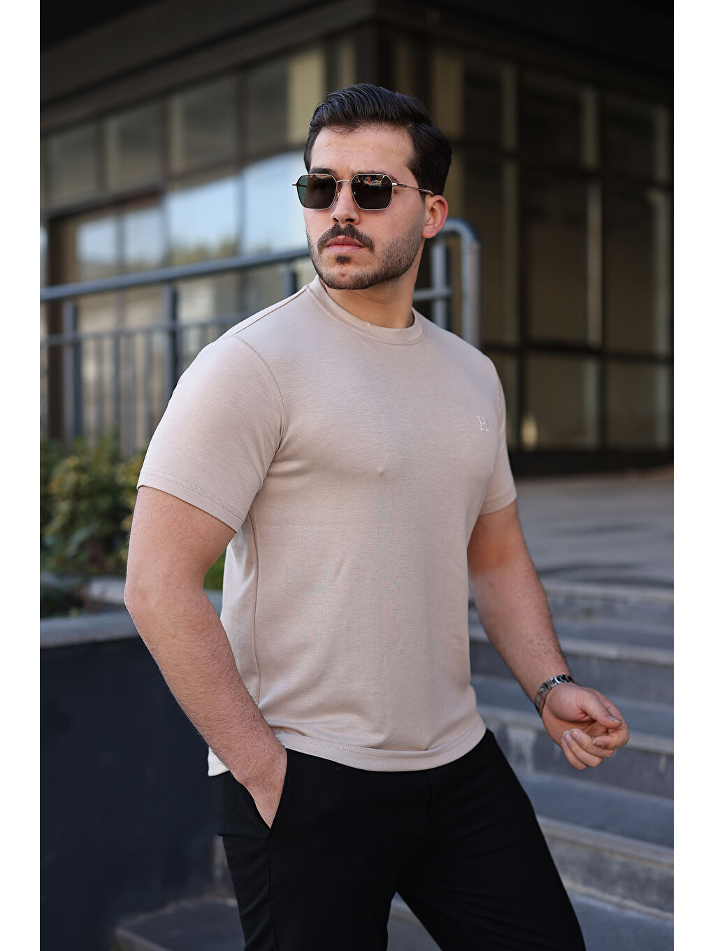 Ekru Erkek Kısa Kol Yazlık Baskılı Krem Dar Tişört-3