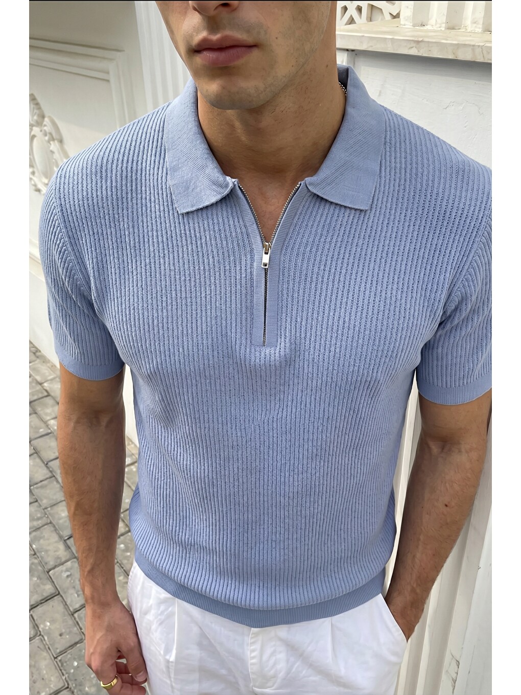 Mavi Orin Premium Fitilli Triko Polo Yaka Yarım Fermuarlı Erkek Tişört-1