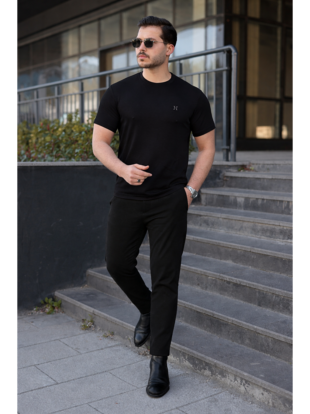 Erkek Kısa Kol Yazlık Baskılı Siyah Dar Tişört-4