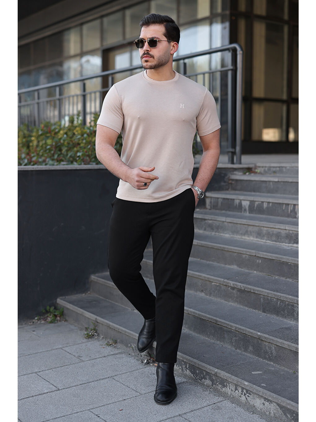 Ekru Erkek Kısa Kol Yazlık Baskılı Krem Dar Tişört-5