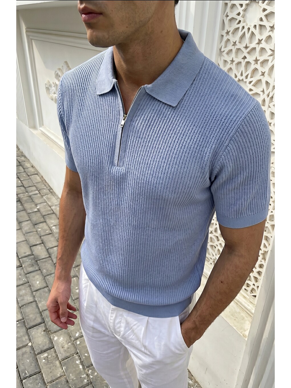 Mavi Orin Premium Fitilli Triko Polo Yaka Yarım Fermuarlı Erkek Tişört-3