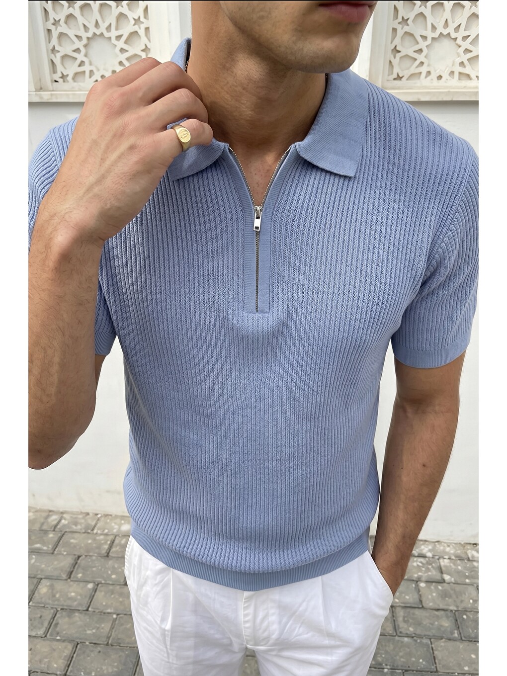 Mavi Orin Premium Fitilli Triko Polo Yaka Yarım Fermuarlı Erkek Tişört-4