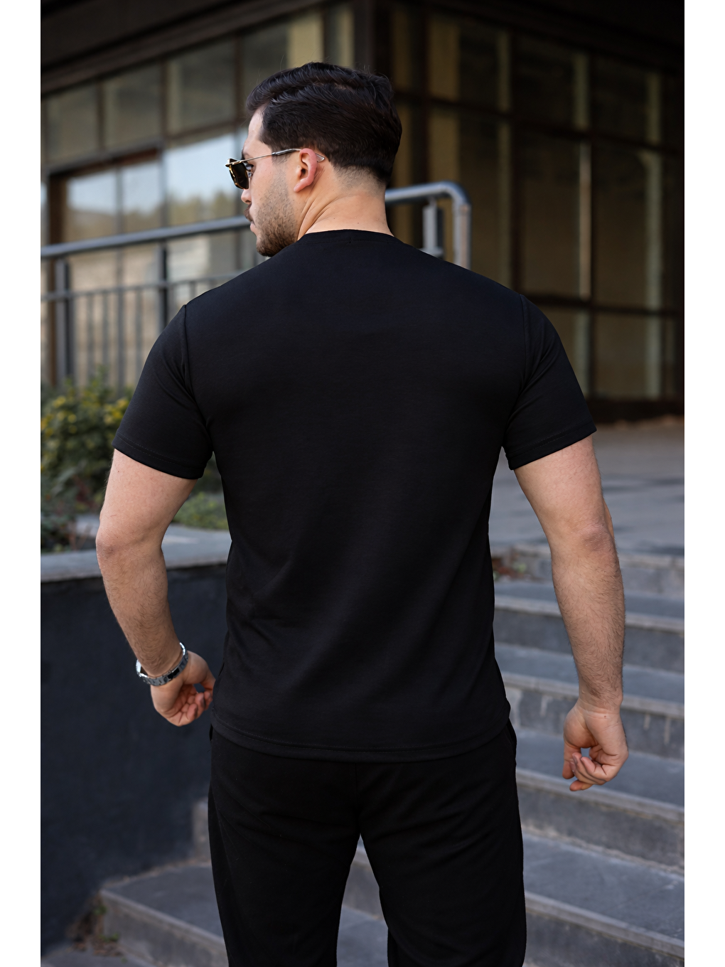 Erkek Kısa Kol Yazlık Baskılı Siyah Dar Tişört-5