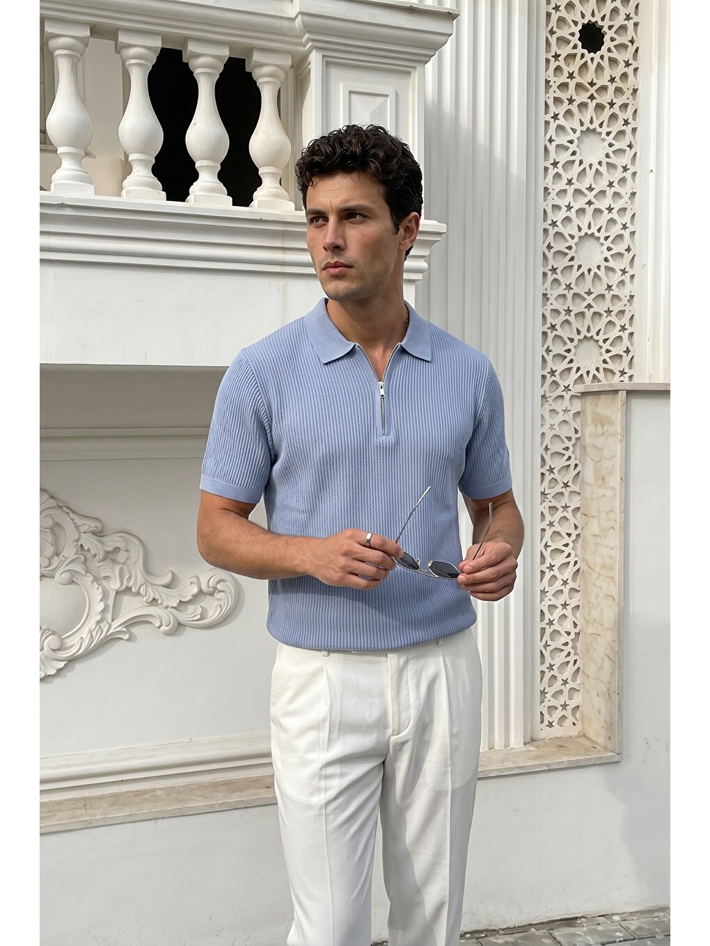 Mavi Orin Premium Fitilli Triko Polo Yaka Yarım Fermuarlı Erkek Tişört-5