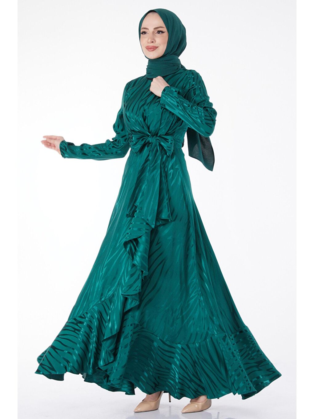 Düz Bisiklet Yaka Kadın Yeşil Varaklı Abiye Elbise - 24881-1