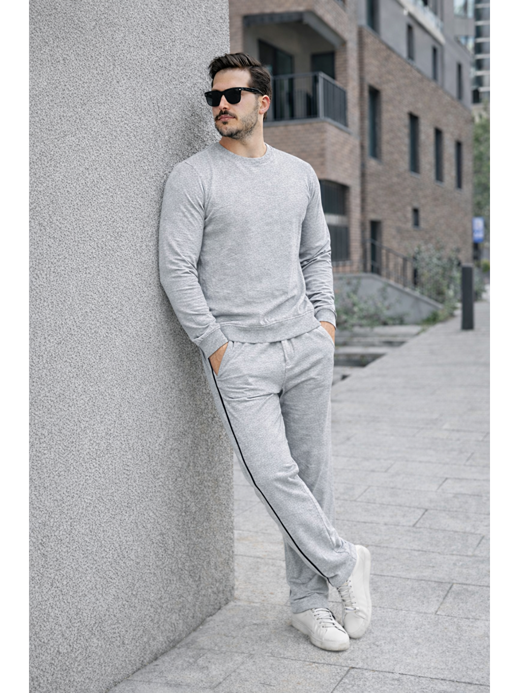 Erkek Çizgili Bisiklet Yaka Dar A.Gri Eşofman Takımı-2