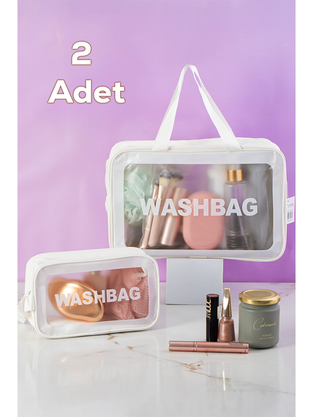 2li Şeffaf - Beyaz Seyahat ve Makyaj Çantası Su Geçirmez Organizer Washbag