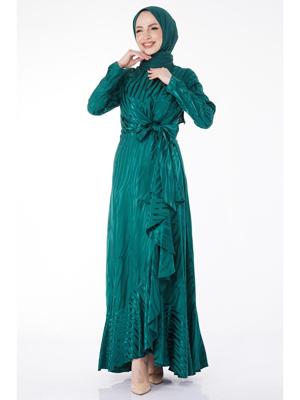 Düz Bisiklet Yaka Kadın Yeşil Varaklı Abiye Elbise - 24881-2