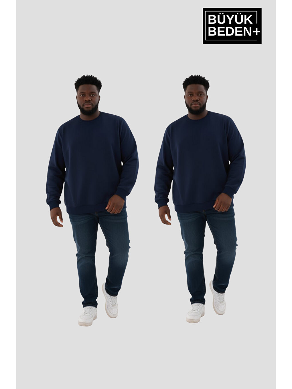 Lacivert Erkek Büyük Beden İkili Bisiklet Yaka 2’li Set -Rahat Kalıp İnce Sweatshirt SPR26BSW956+2-1