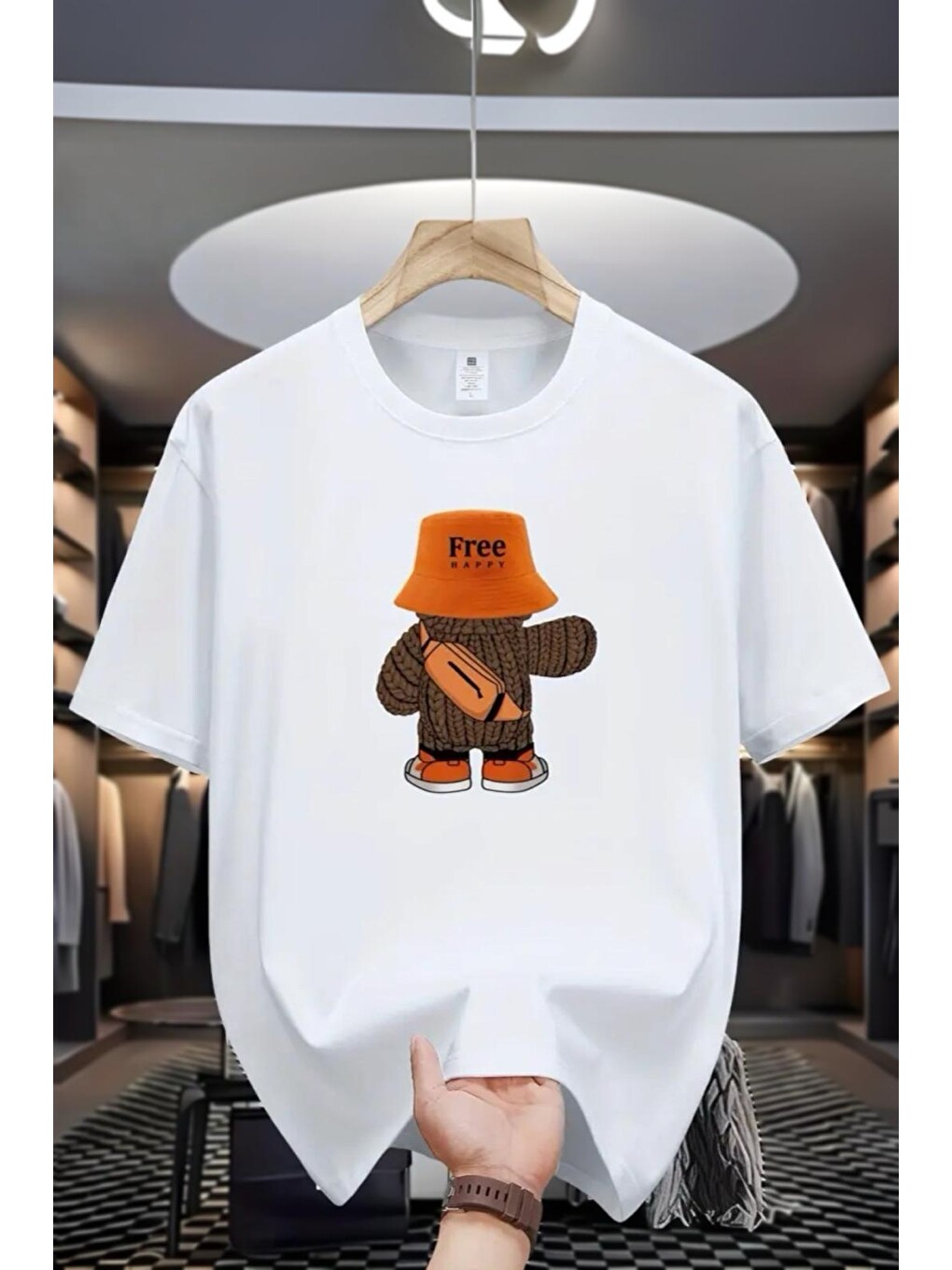 Beyaz Free Happy Baskılı Bisiklet Yaka Unisex Tshirt