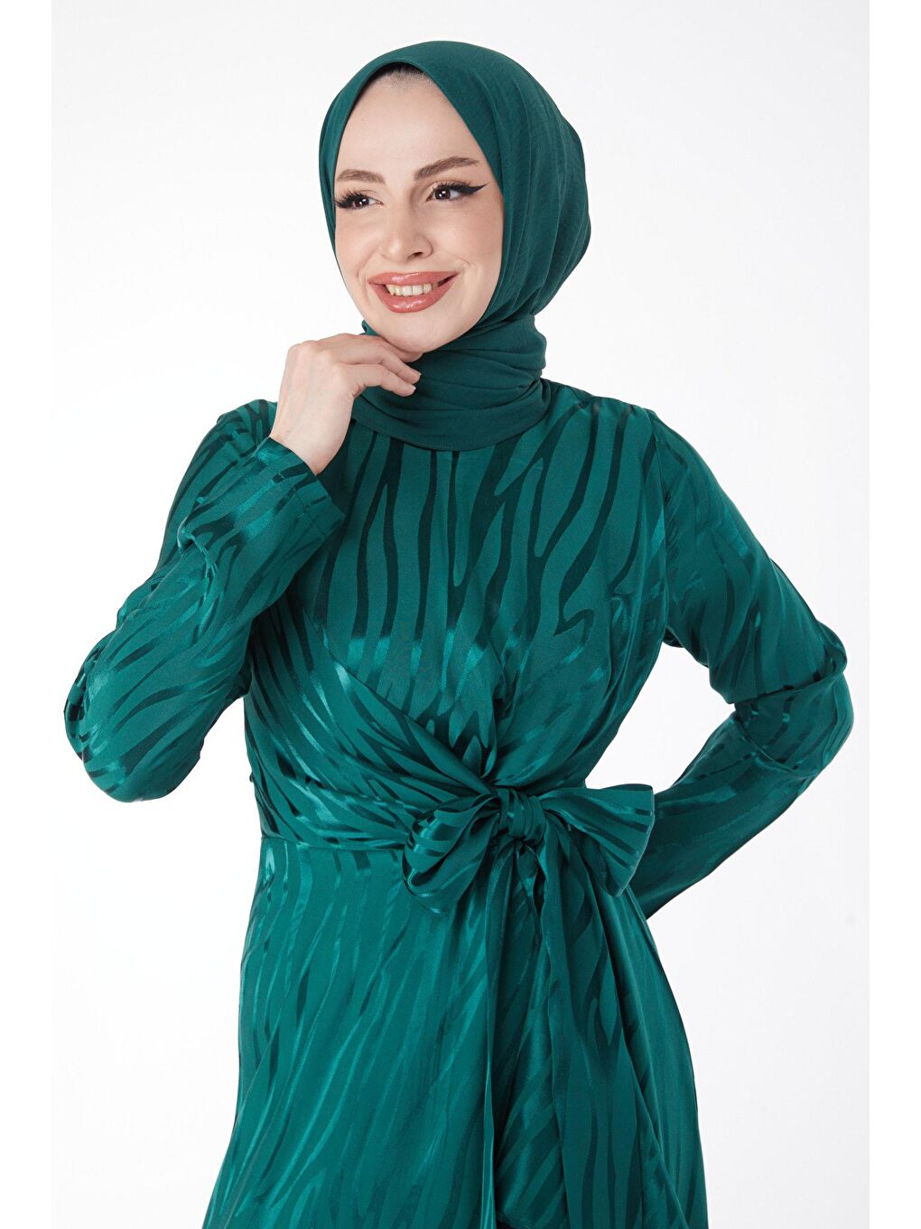 Düz Bisiklet Yaka Kadın Yeşil Varaklı Abiye Elbise - 24881-3