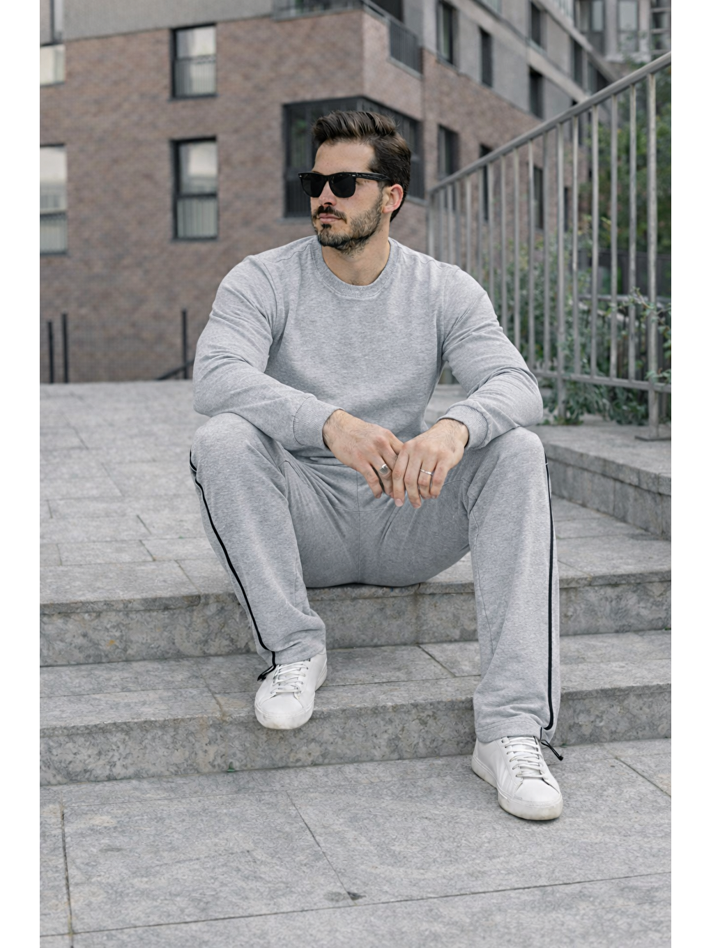 Erkek Çizgili Bisiklet Yaka Dar A.Gri Eşofman Takımı-3