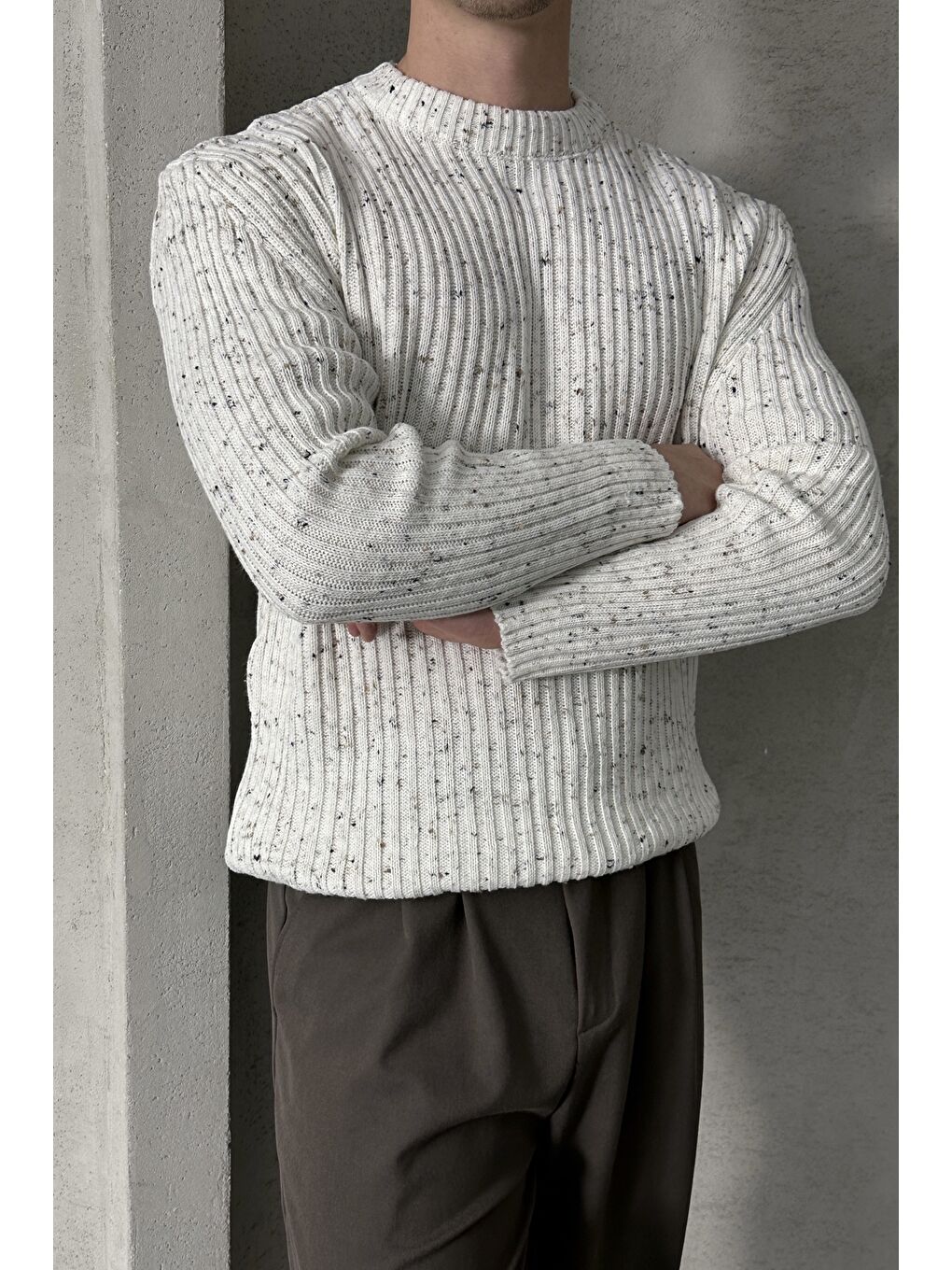 Ekru Erkek Fitilli Örme Oversize Kazak