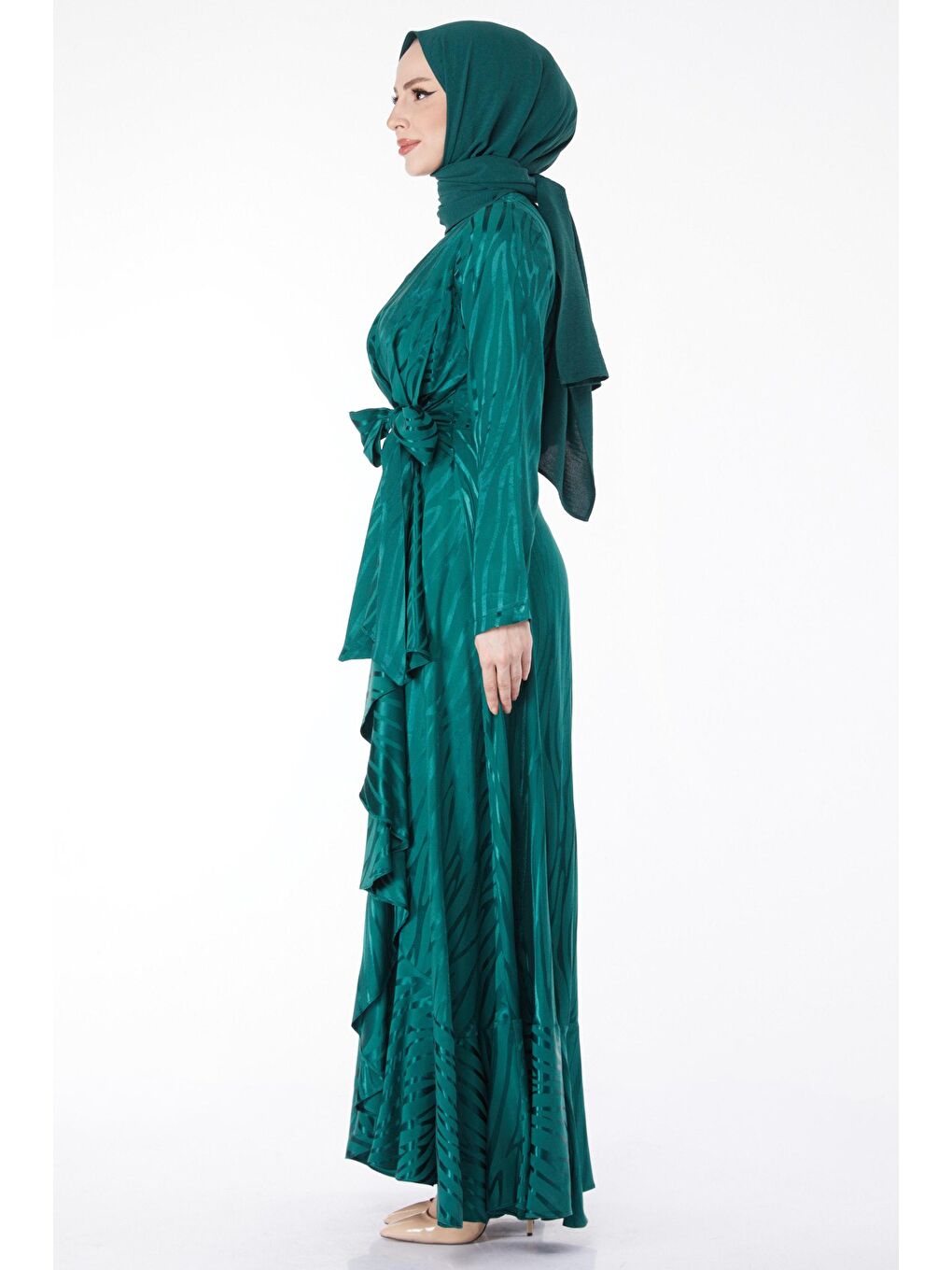 Düz Bisiklet Yaka Kadın Yeşil Varaklı Abiye Elbise - 24881-4