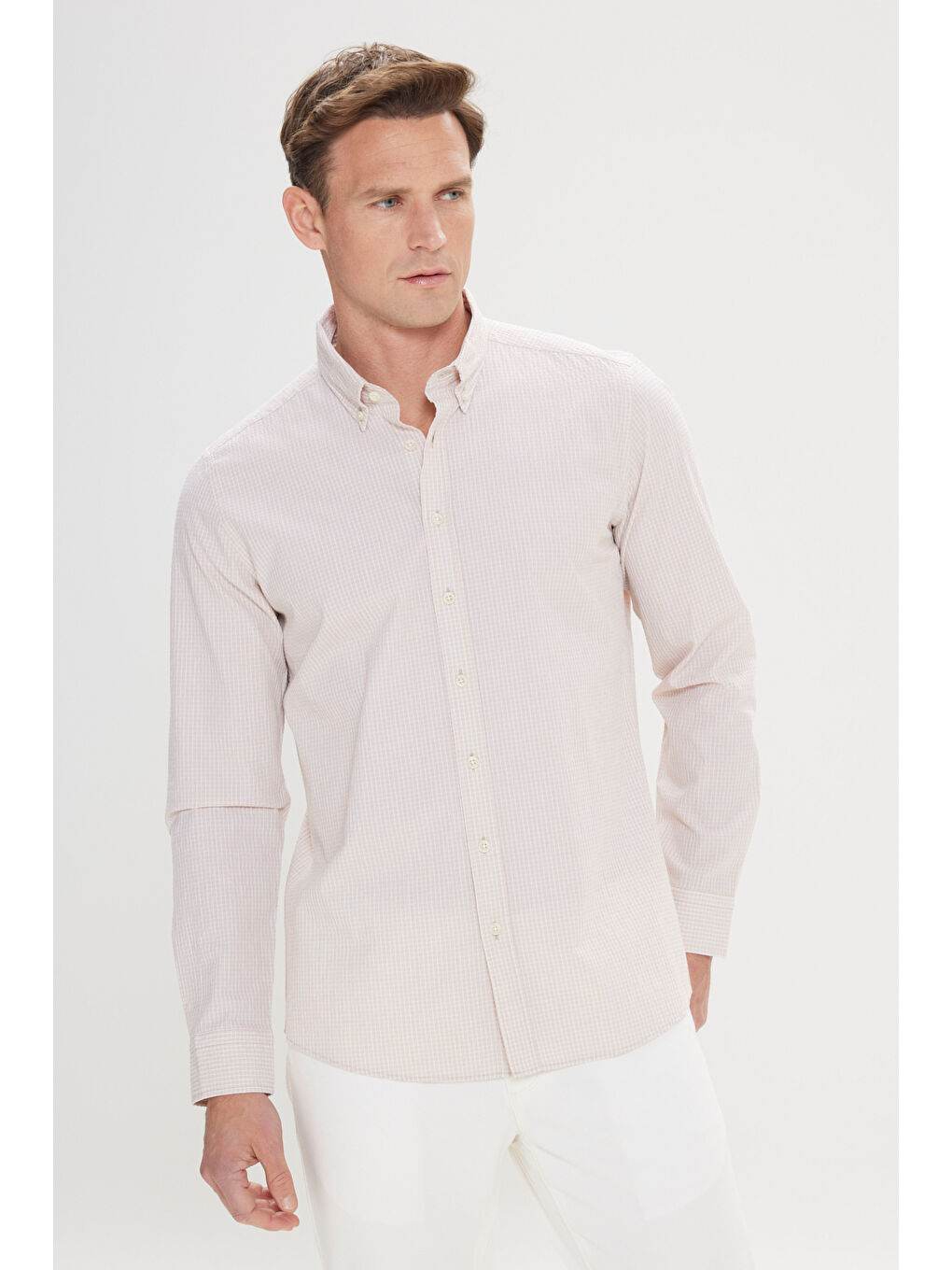 Erkek Beyaz-Bej Comfort Fit Rahat Kesim Düğmeli Yaka Pamuklu Kareli Gömlek-2