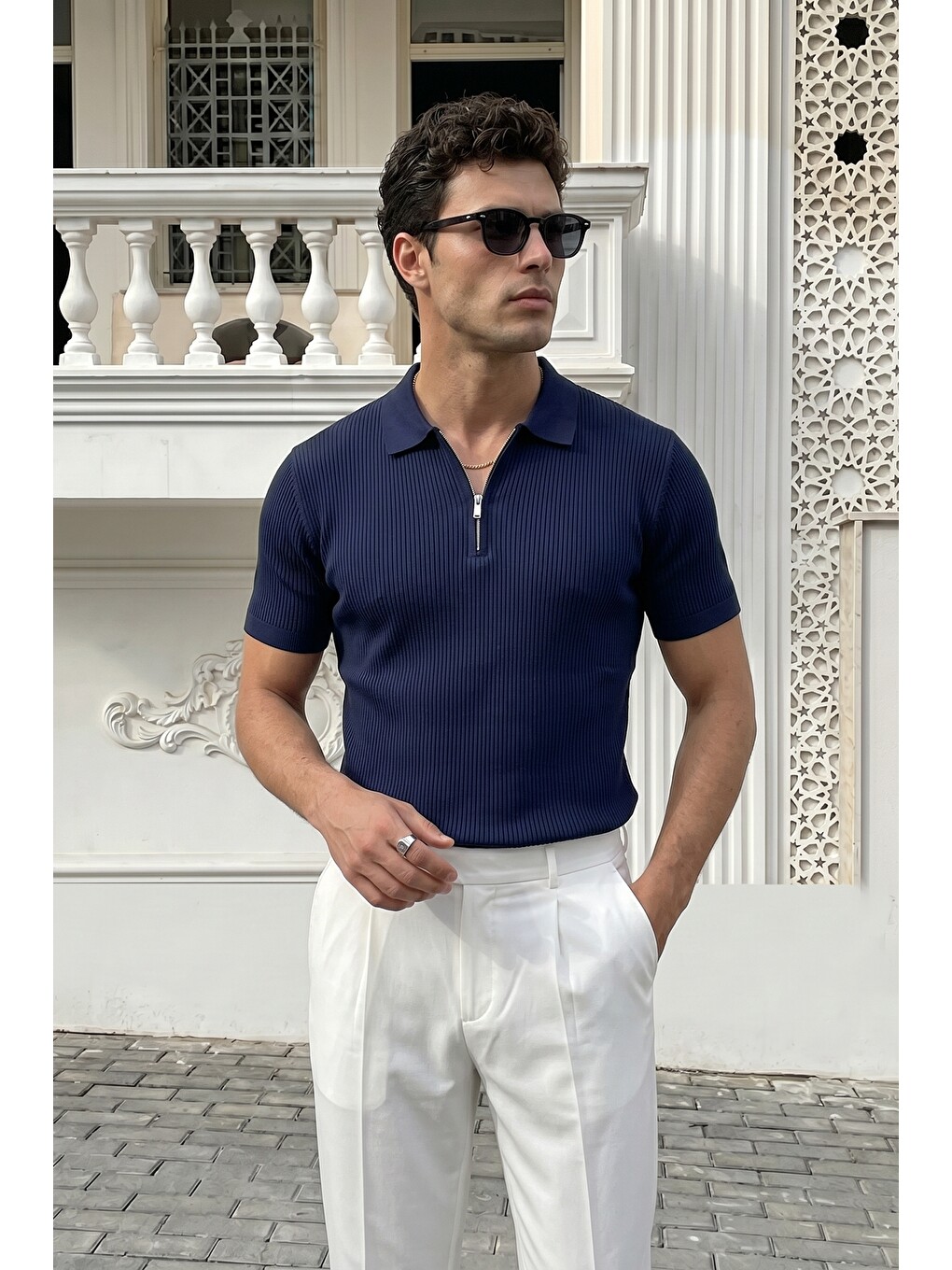 Lacivert Orin Premium Fitilli Triko Polo Yaka Yarım Fermuarlı Erkek Tişört-1