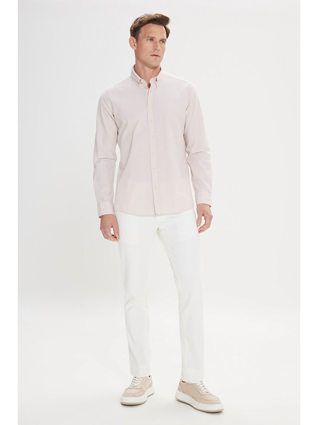 Erkek Beyaz-Bej Comfort Fit Rahat Kesim Düğmeli Yaka Pamuklu Kareli Gömlek-3