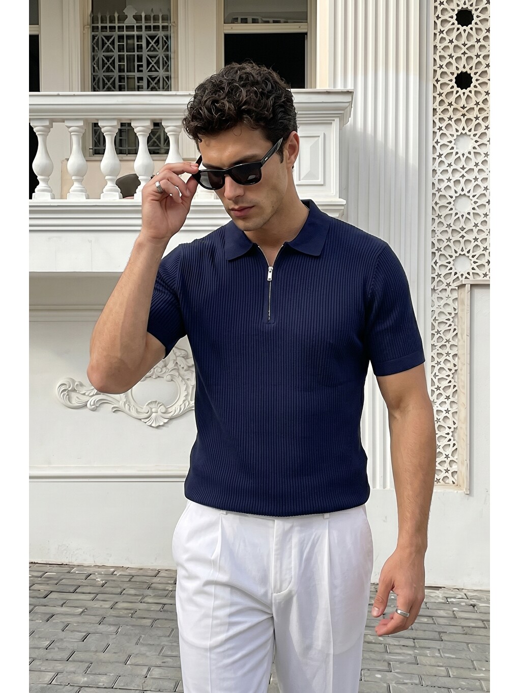 Lacivert Orin Premium Fitilli Triko Polo Yaka Yarım Fermuarlı Erkek Tişört-2