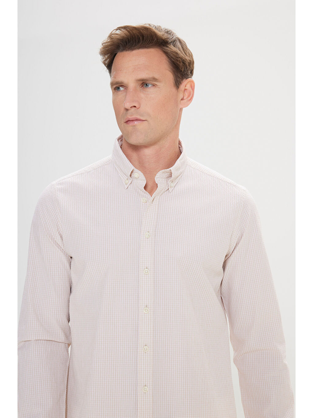 Erkek Beyaz-Bej Comfort Fit Rahat Kesim Düğmeli Yaka Pamuklu Kareli Gömlek-4