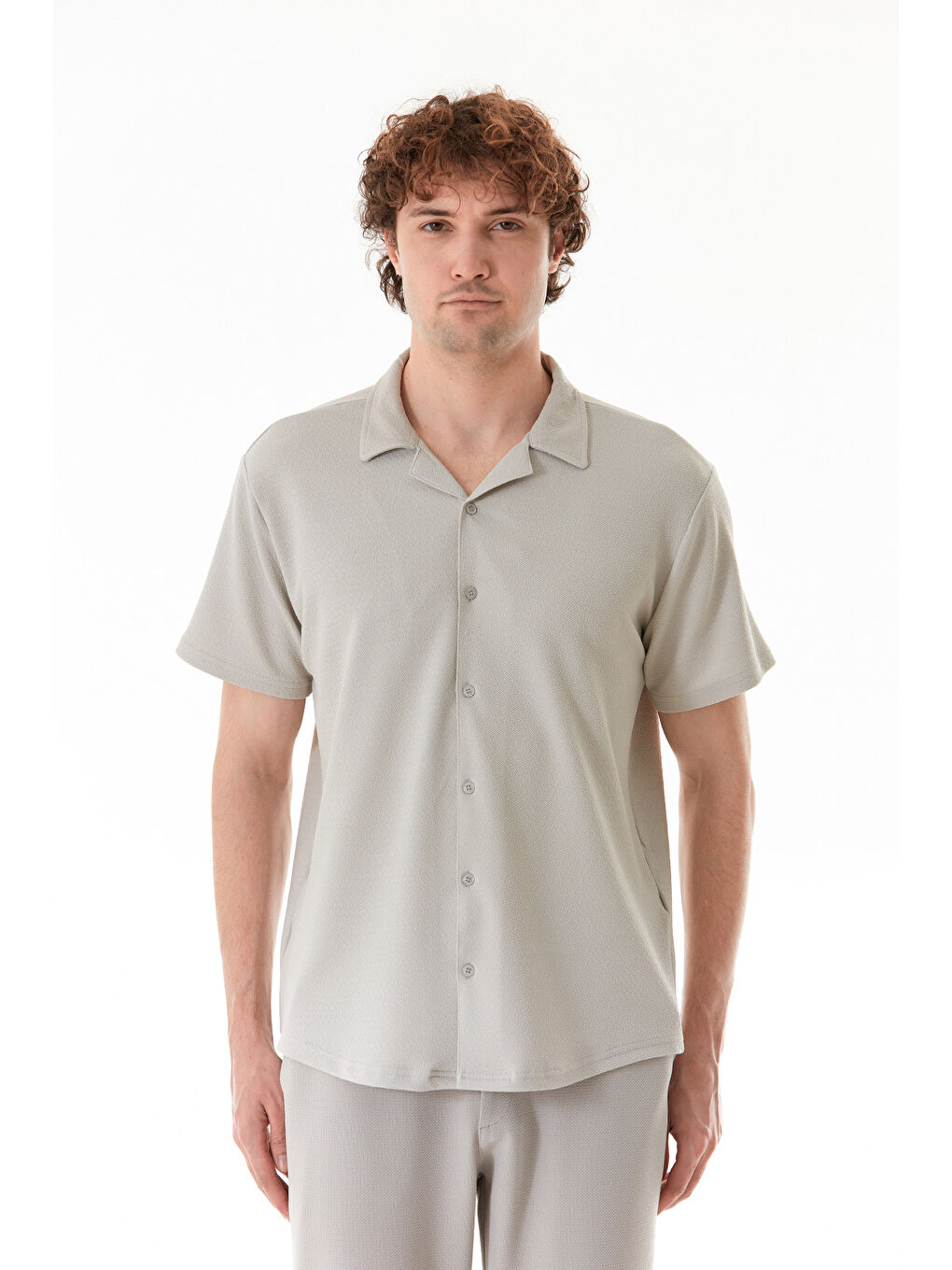 Gri Basic Krep Kumaş Düğmeli Gömlek-4