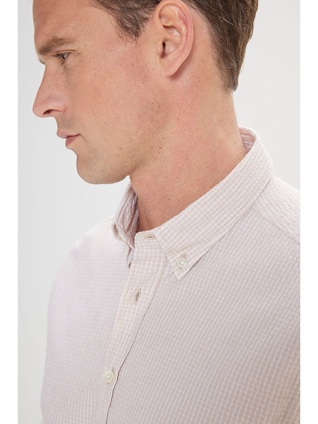 Erkek Beyaz-Bej Comfort Fit Rahat Kesim Düğmeli Yaka Pamuklu Kareli Gömlek-5