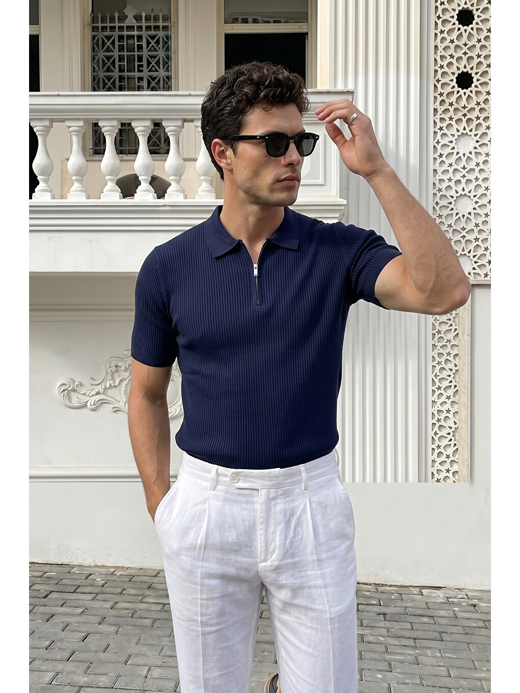 Lacivert Orin Premium Fitilli Triko Polo Yaka Yarım Fermuarlı Erkek Tişört-4