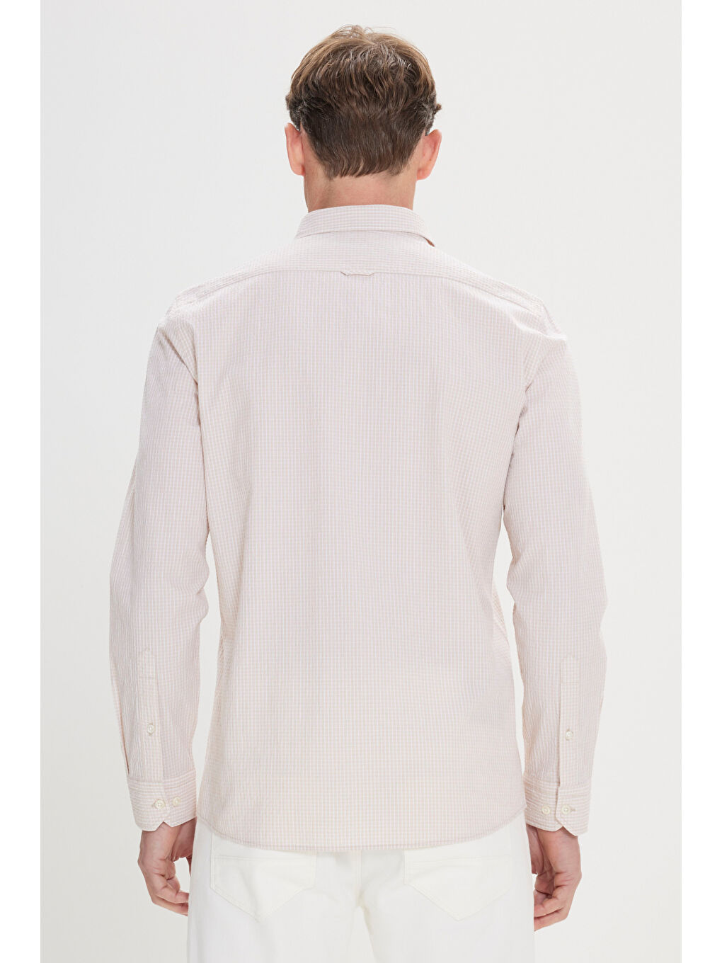 Erkek Beyaz-Bej Comfort Fit Rahat Kesim Düğmeli Yaka Pamuklu Kareli Gömlek-6