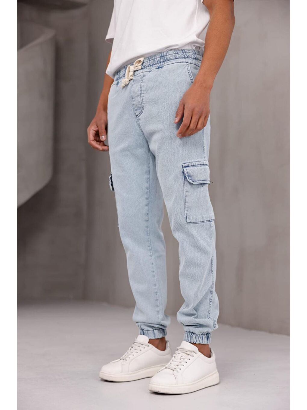 Beyaz Dasser Paçası ve Beli Lastikli Slim Fit Elastanlı Jean Kargo Pantolon-2