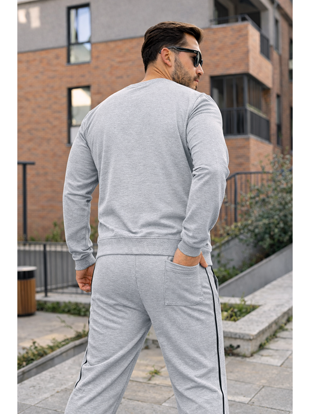 Erkek Çizgili Bisiklet Yaka Dar A.Gri Eşofman Takımı-4