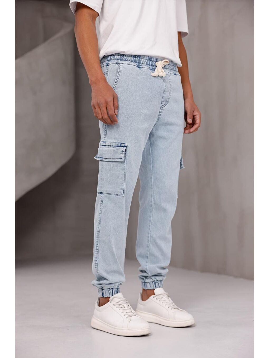 Beyaz Dasser Paçası ve Beli Lastikli Slim Fit Elastanlı Jean Kargo Pantolon-5