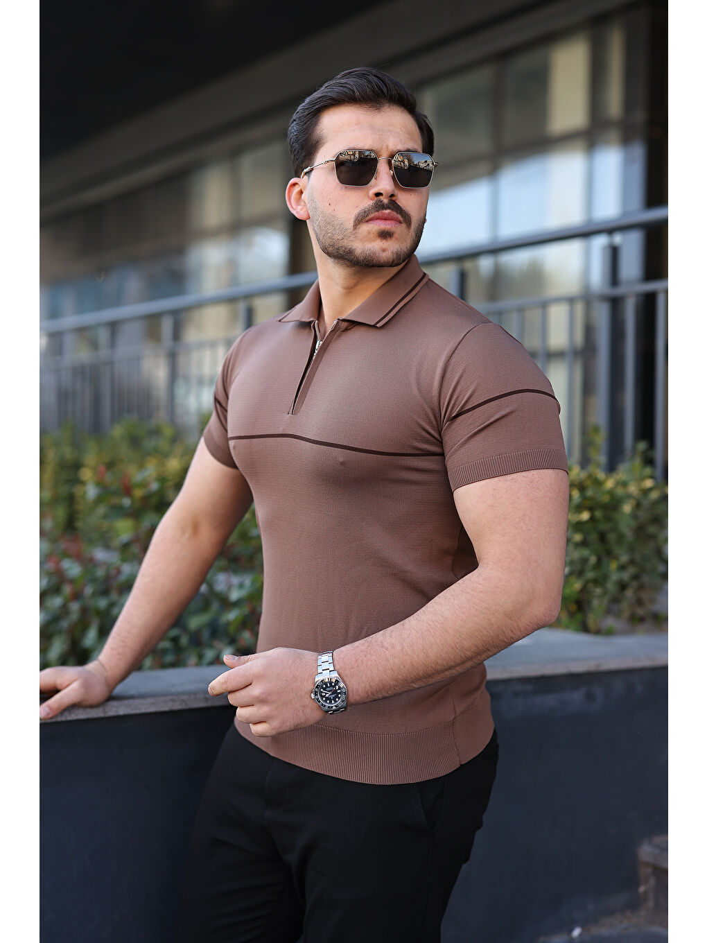 Kahverengi Erkek Günlük Çizgili Fermuarlı Triko S.Kahve Polo Yaka Tişört-1