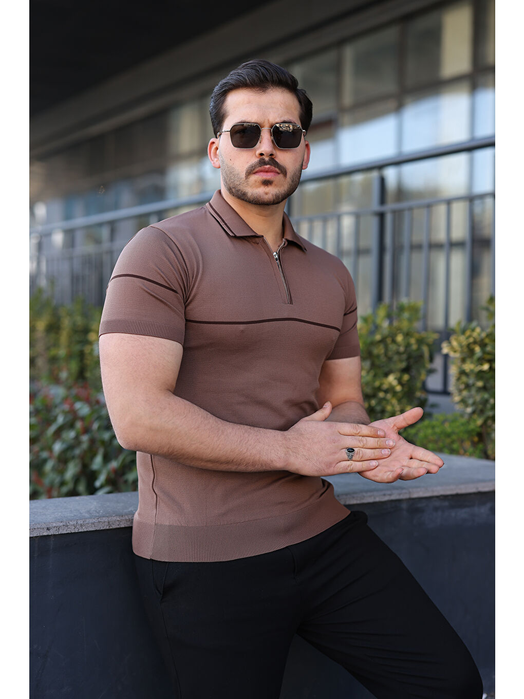 Kahverengi Erkek Günlük Çizgili Fermuarlı Triko S.Kahve Polo Yaka Tişört-2