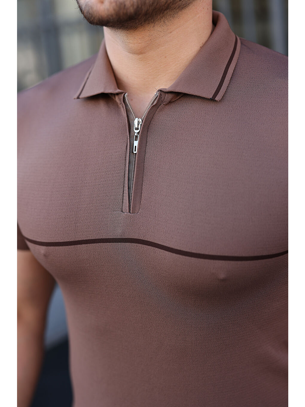 Kahverengi Erkek Günlük Çizgili Fermuarlı Triko S.Kahve Polo Yaka Tişört-3