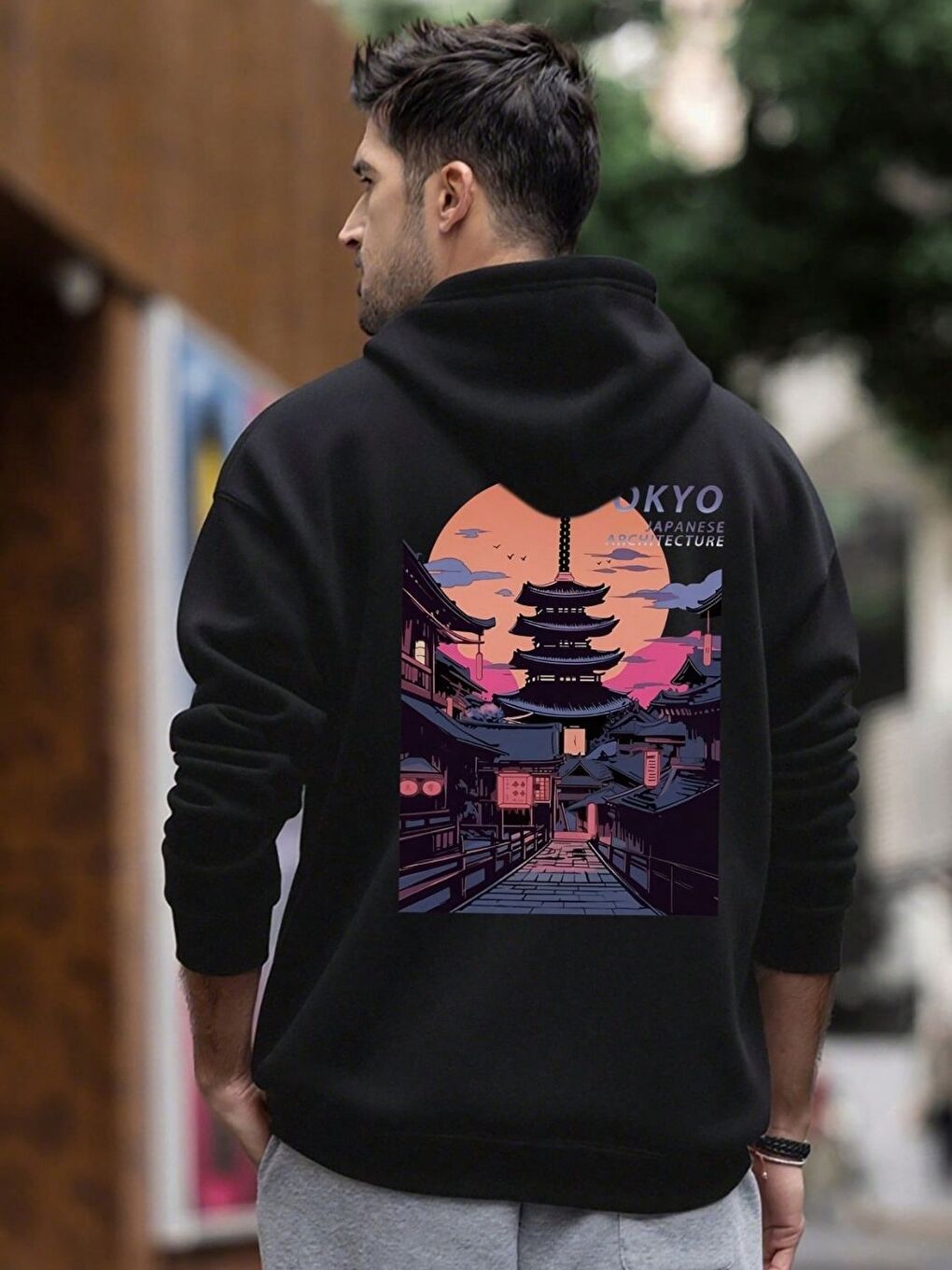Bordo Siyah Architecture Baskılı Kapüşonlu Erkek Uzun Kollu Hoodie-1