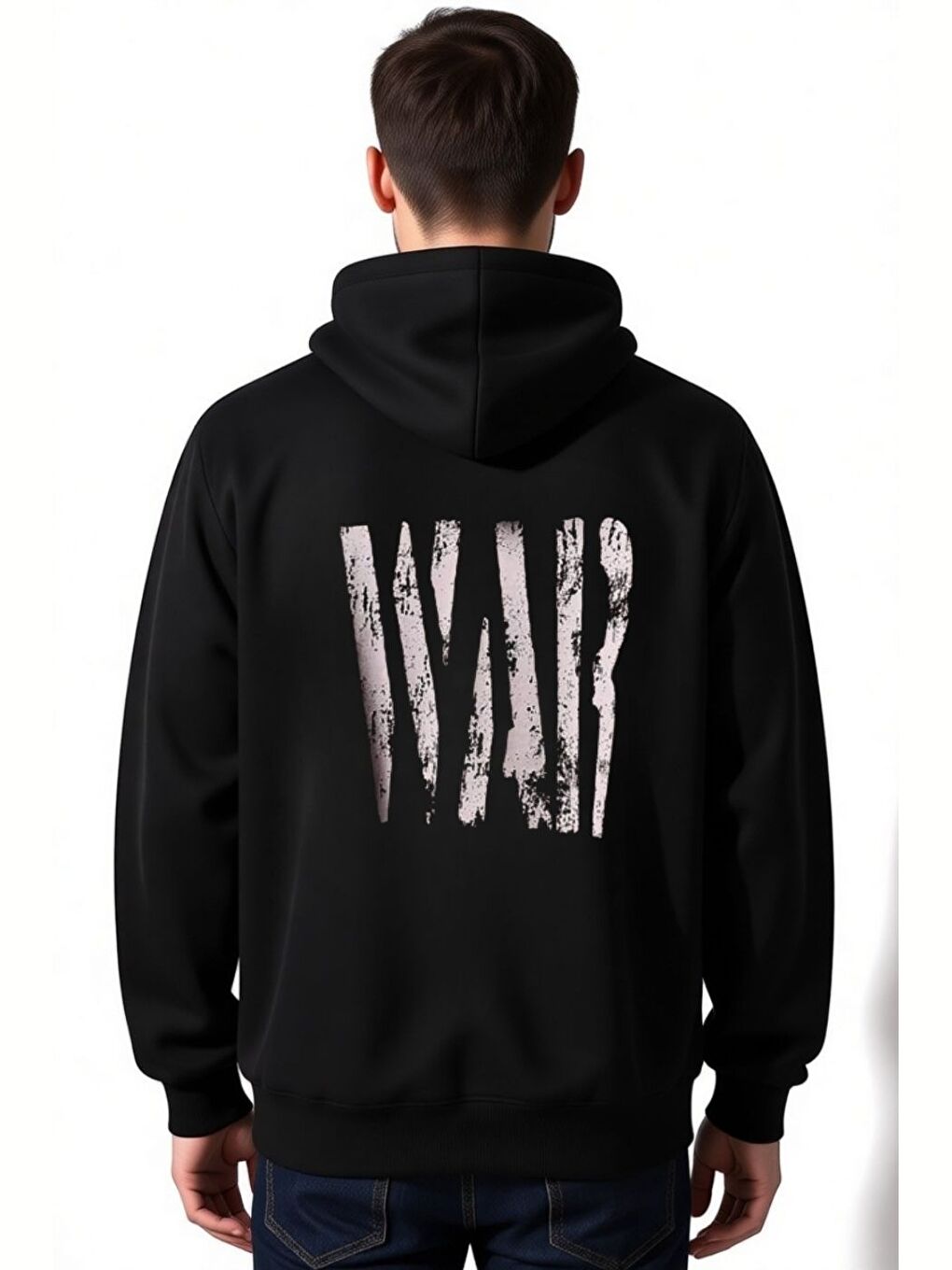 Siyah War Baskılı Kapüşonlu Erkek Uzun Kollu Hoodie
