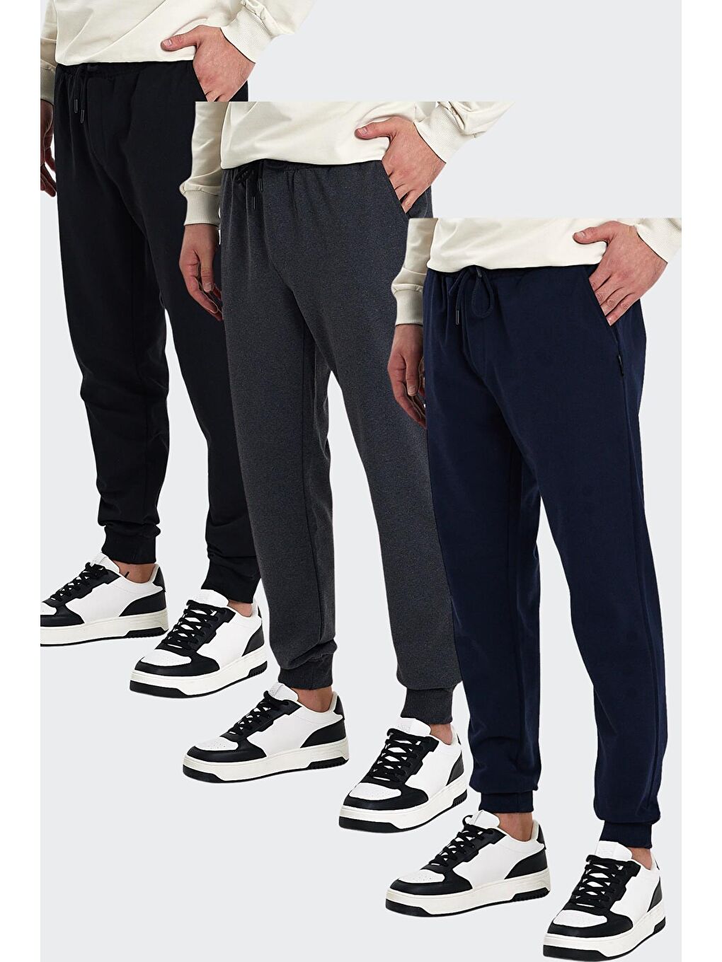 Erkek Siyah-Lacivert-Antrasit Arka Cep Etiket Detaylı Paça Lastikli Regular Fit 3'Lü Eşofman Altı M