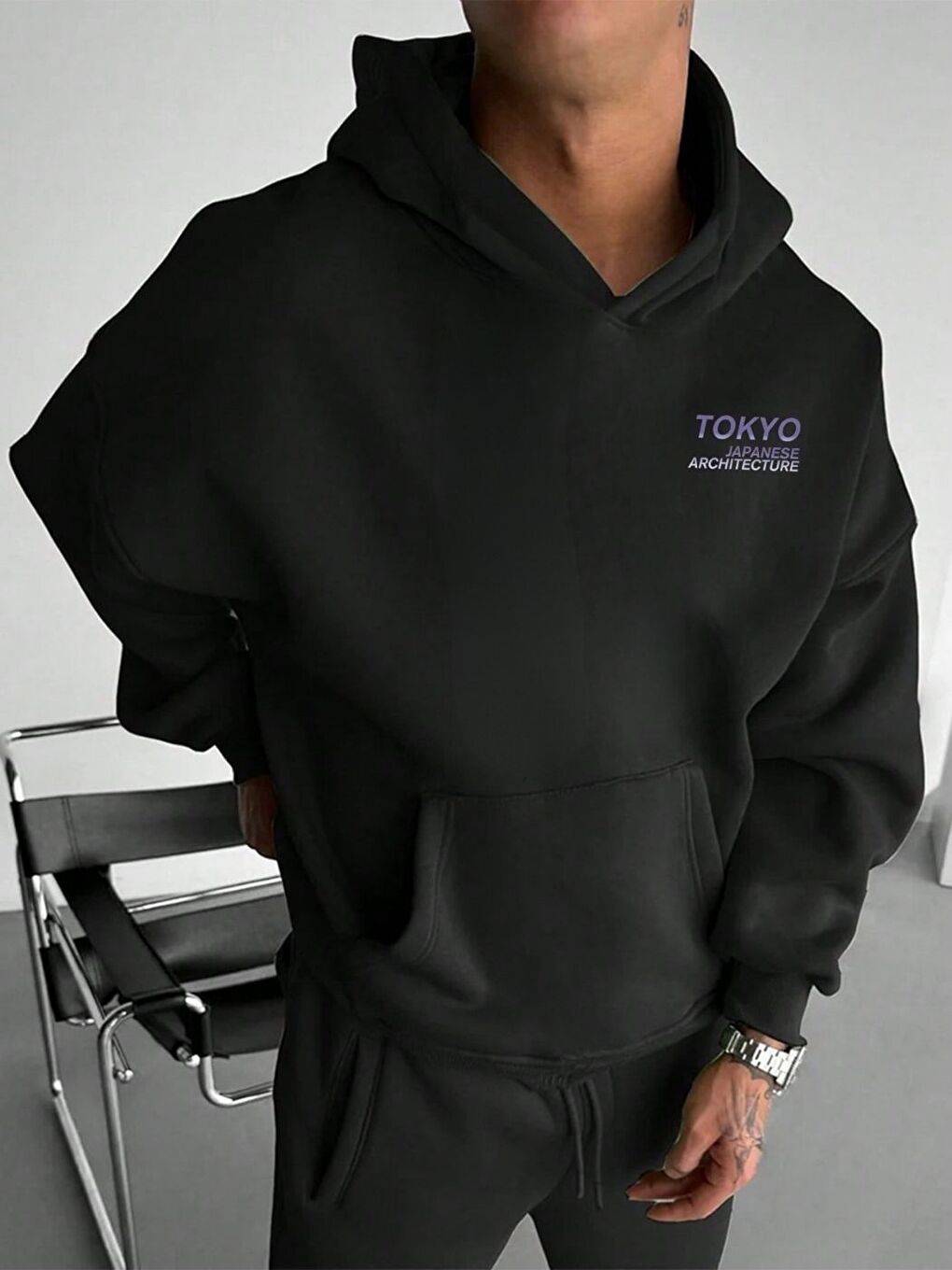 Bordo Siyah Architecture Baskılı Kapüşonlu Erkek Uzun Kollu Hoodie-2