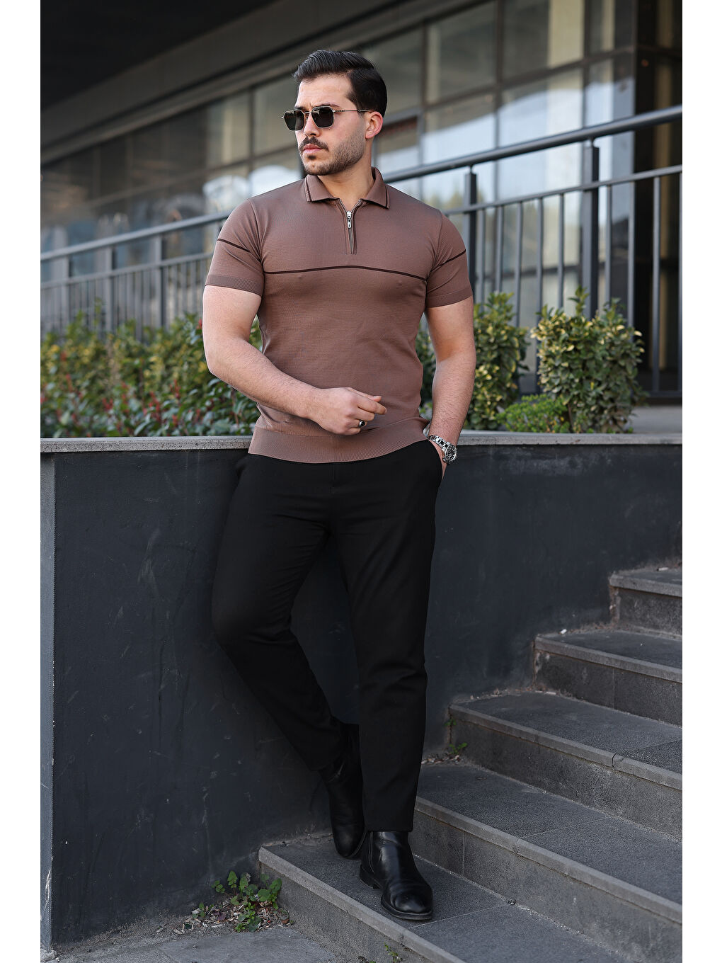 Kahverengi Erkek Günlük Çizgili Fermuarlı Triko S.Kahve Polo Yaka Tişört-4