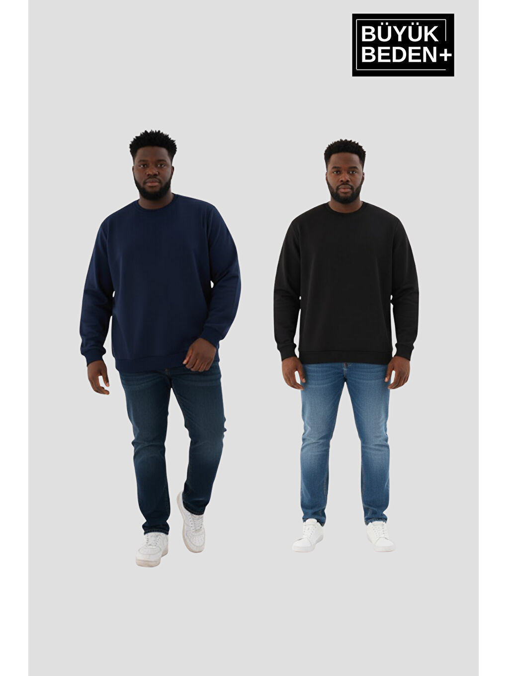 Lacivert Erkek Büyük Beden İkili Bisiklet Yaka 2’li Set -Rahat Kalıp İnce Sweatshirt SPR26BSW956+2