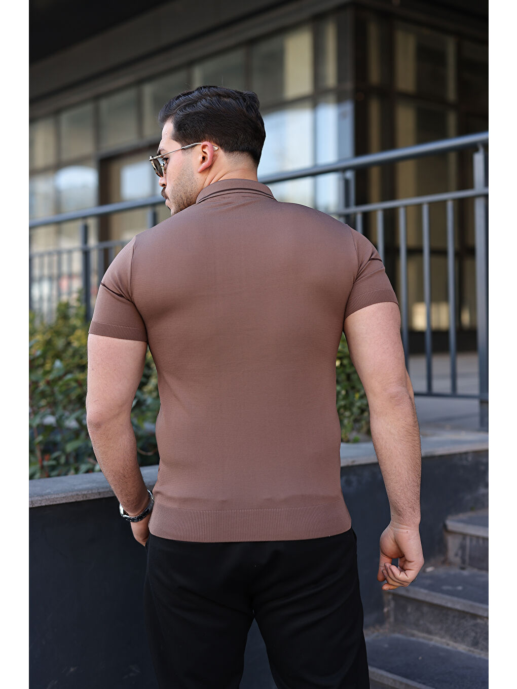 Kahverengi Erkek Günlük Çizgili Fermuarlı Triko S.Kahve Polo Yaka Tişört-5