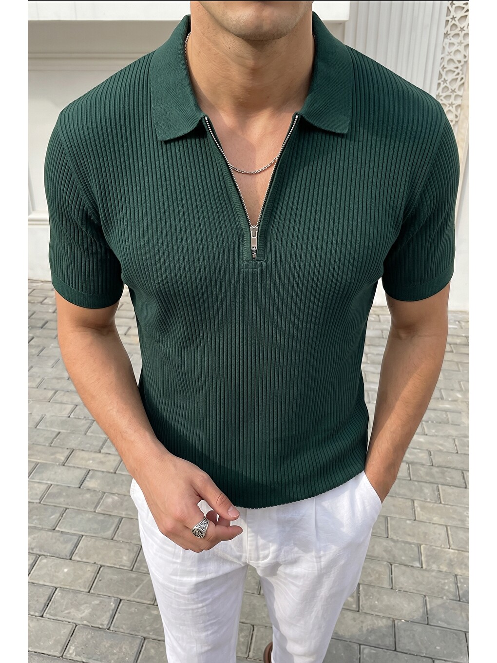 Yeşil Orin Premium Fitilli Triko Polo Yaka Yarım Fermuarlı Erkek Tişört-1