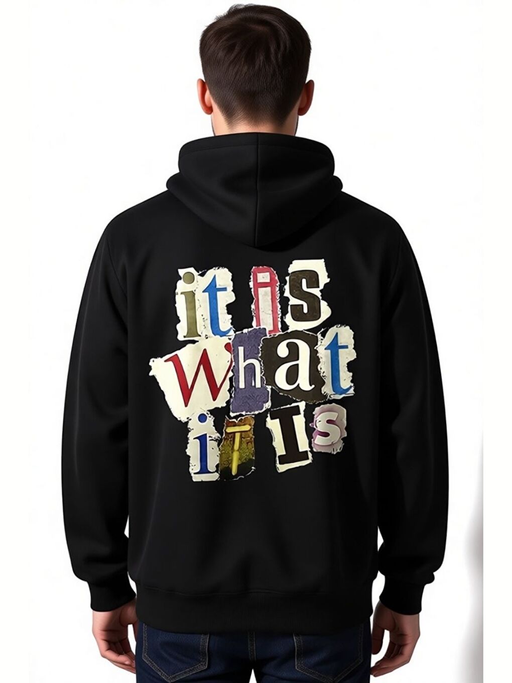 Siyah Gazete Baskılı Kapüşonlu Erkek Uzun Kollu Hoodie