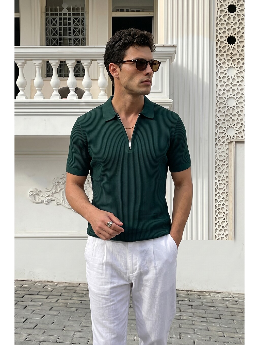 Yeşil Orin Premium Fitilli Triko Polo Yaka Yarım Fermuarlı Erkek Tişört-2