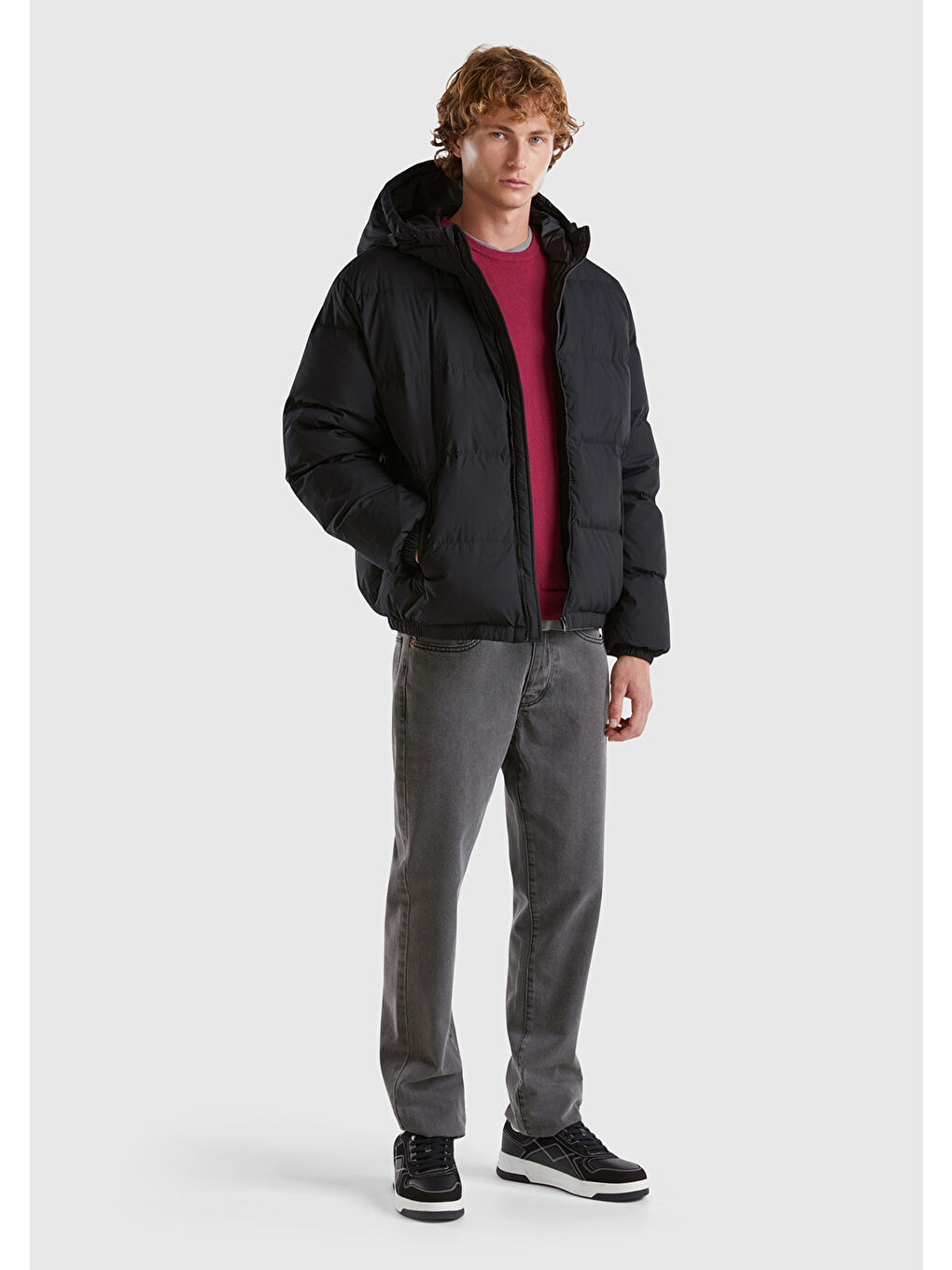 Erkek Siyah Kaz Tüyü Dolgulu Yanları Cepli Gizli Fermuarlı Kapüşonlu Mont-2