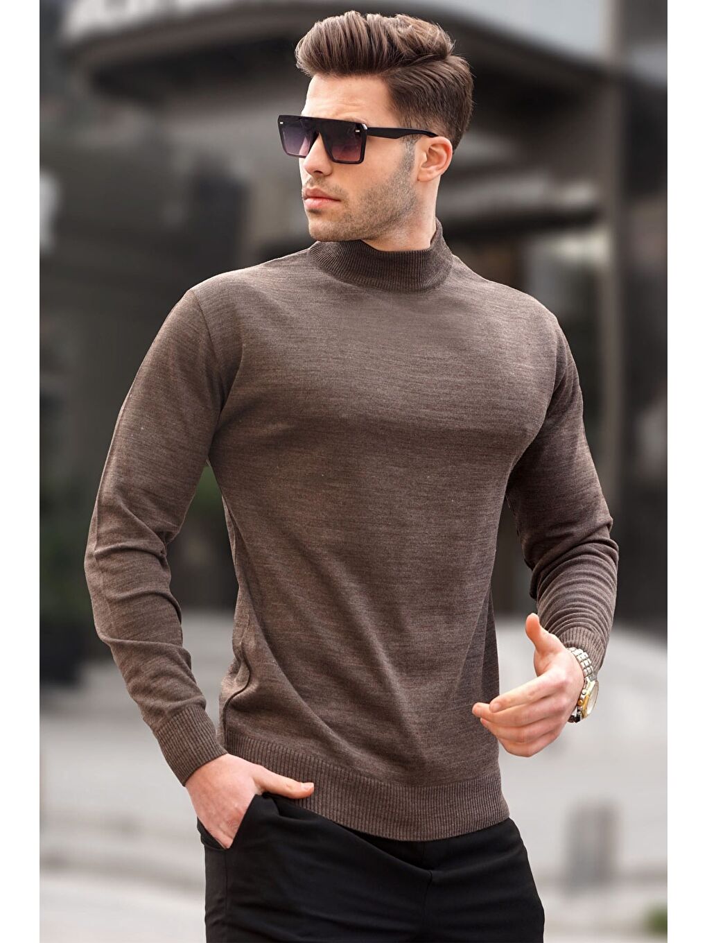 Kahverengi Acı Kahve Slim Fit Yarım Balıkçı Yaka Erkek Triko Kazak 6343